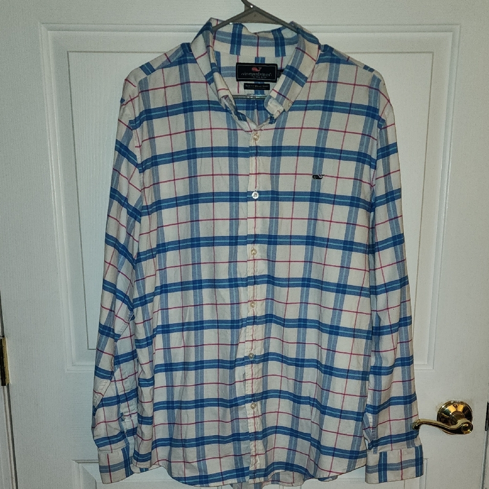 Vineyard Vines White Shirt with Blue and Red Plaid